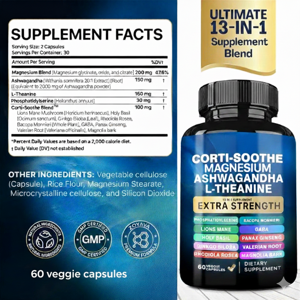 Corti-Soothe Cortisol Supplement with Magnesium, Ashwagandha, L-Theanine - Manage Stress, Maintain Calm & Support Adrenal Health